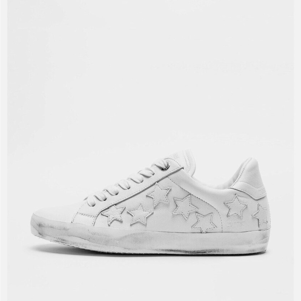 Zadig & Voltaire Chic White Star Calfskin Distressed Sneakers 36
